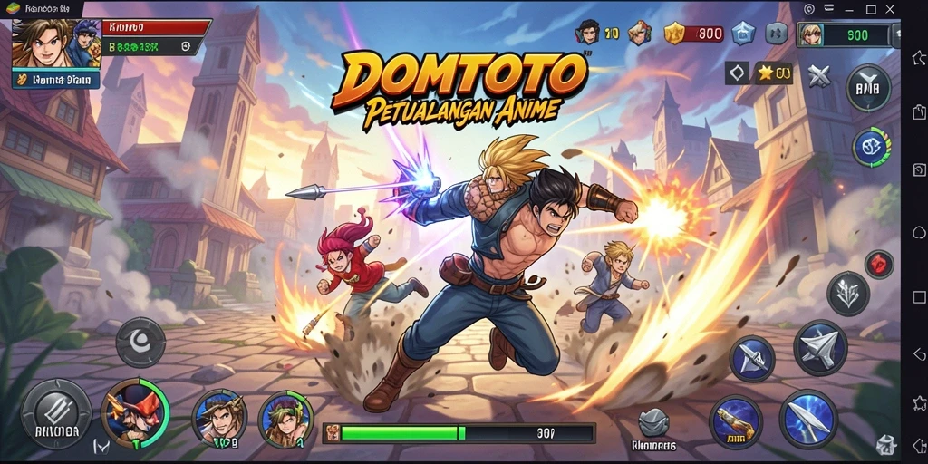 Screenshot utama DOMTOTO menampilkan aksi bertarung karakter anime yang menakjubkan.