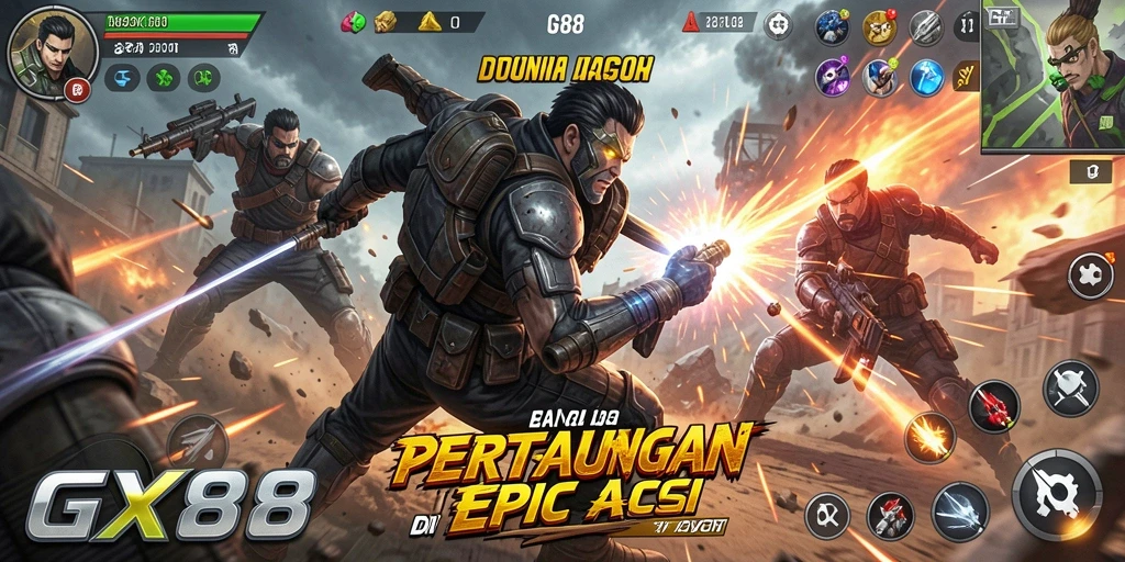 Tangkapan layar utama GX88 menunjukkan aksi penuh di medan pertempuran.