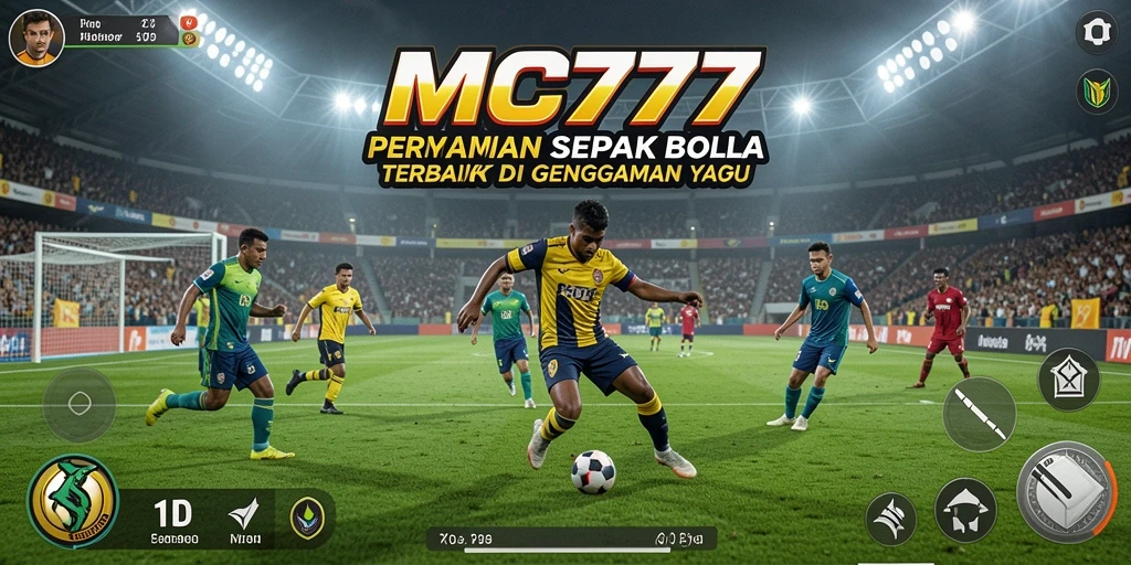 Screenshot gameplay MC777 dengan aksi sepak bola seru.