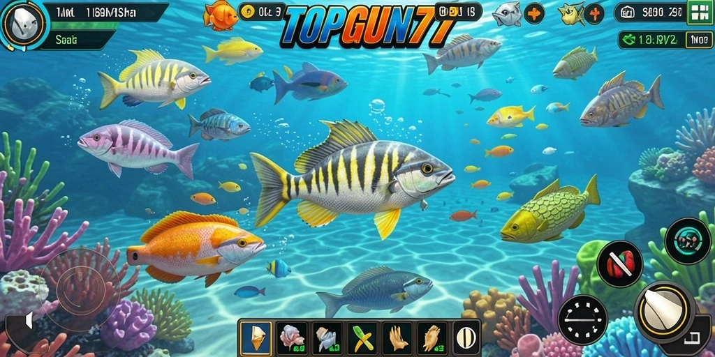 Tampilan gameplay seru di TOPGUN77 saat menembak ikan.